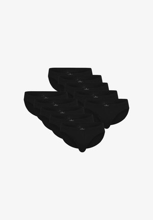 Zehn schwarze Baumwollunterhosen im Slip-Stil, angeordnet in einem versetzten Raster auf weißem Hintergrund.