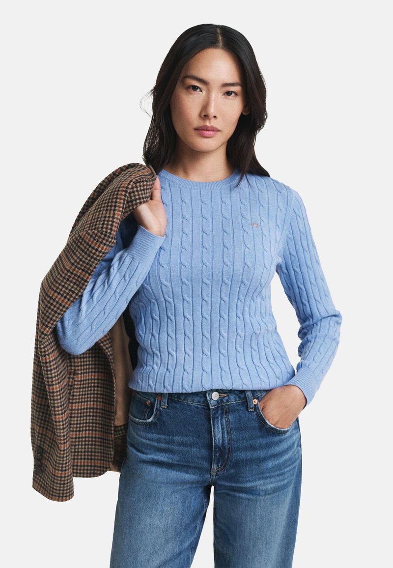 Lyseblå kabelstrikket genser med rund hals, kombinert med mørkeblå jeans. En rutete blazer henger over den ene armen.
