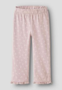 Gaiši rozā legingi ar baltiem loku rakstiem, elastīgu jostasvietu un volānu apakšpusē. Izgatavoti no mīksta, stiepjama auduma.