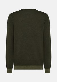 Maglione lavorato a maglia verde scuro con maniche lunghe, scollo rotondo e polsini e bordo a coste. Tessuto testurizzato con una finitura liscia.