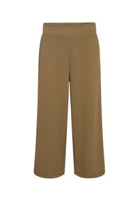 Brown wide-leg pants made of soft fabric, featuring a high waistband and two side pockets, with a smooth texture and casual design.
