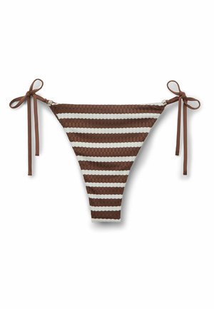 Bruin-wit gestreepte bikinibroek met zijstrikjes en een getextureerde stof op een witte achtergrond.