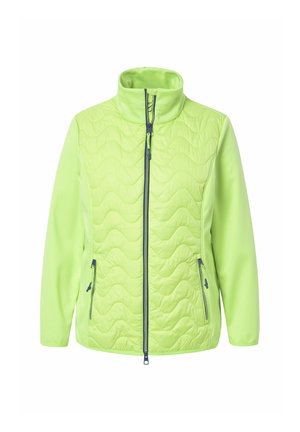 Giacca verde chiaro con texture trapuntata nella parte anteriore superiore, maniche lisce, colletto alto e due tasche con zip.