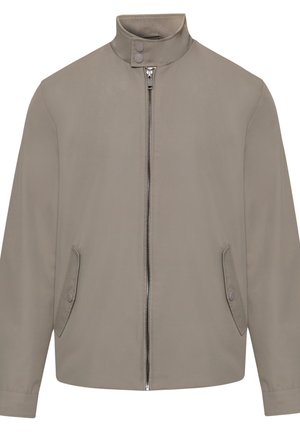 Světlě hnědá bunda na zip s stojatým límcem, který je tvořen dvěma knoflíky, a se dvěma předními kapsami s knoflíkovými klopami.