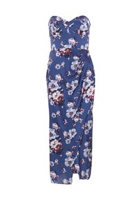 Vestido floral sin tirantes en azul marino con flores rosas y blancas. Presenta un corse ajustado y una falda drapeada con una abertura alta en el muslo.