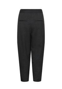 Čierne nohavice so zúženým strihom, elastickým pásom, dvoma zadnými vreckami a hladkou textúrou. Minimalistický dizajn bez ozdôb.