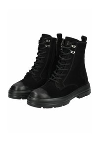 Botas negras hasta el tobillo que combinan ante y cuero liso, puntera redonda, cordones en la parte frontal, cremallera lateral y suela de goma texturizada.