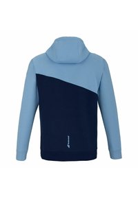 Felpa con cappuccio dal design color block. Presenta tessuti azzurri e blu navy, una texture morbida e un logo sulla parte frontale inferiore.