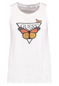 Camiseta sin mangas blanca con un gran diseño bordado de una mariposa naranja y negra y un gráfico de logotipo negro en forma de triángulo.