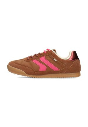 Brauner Sportschuh mit rosa Akzenten, aus Wildleder und synthetischem Material, mit Schnürdesign und einer strukturierten Gummisohle.
