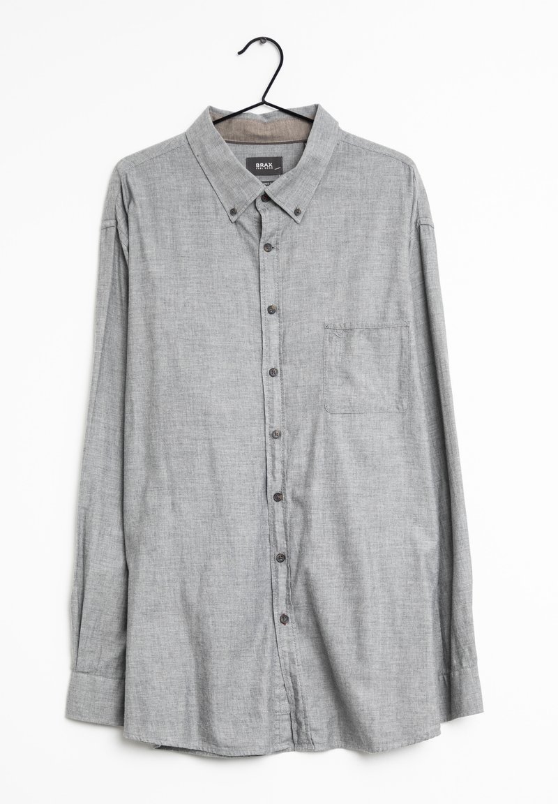 Chemise gris clair à boutons en tissu texturé, avec col, une poche poitrine unique et des boutons marron à l'avant.