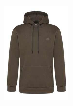 Bruine hoodie met een kangoeroezak, een trekkoordcapuchon, ribgebreide boorden en een zoom. Beschikt over een klein merkembleem op de linkerborst.
