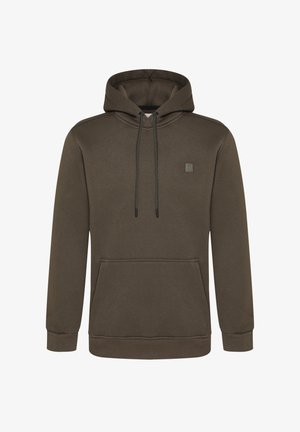 Felpa marrone con tasca a marsupio, cappuccio con coulisse, polsini e orlo a coste. Presenta un piccolo patch con logo sul lato sinistro del petto.