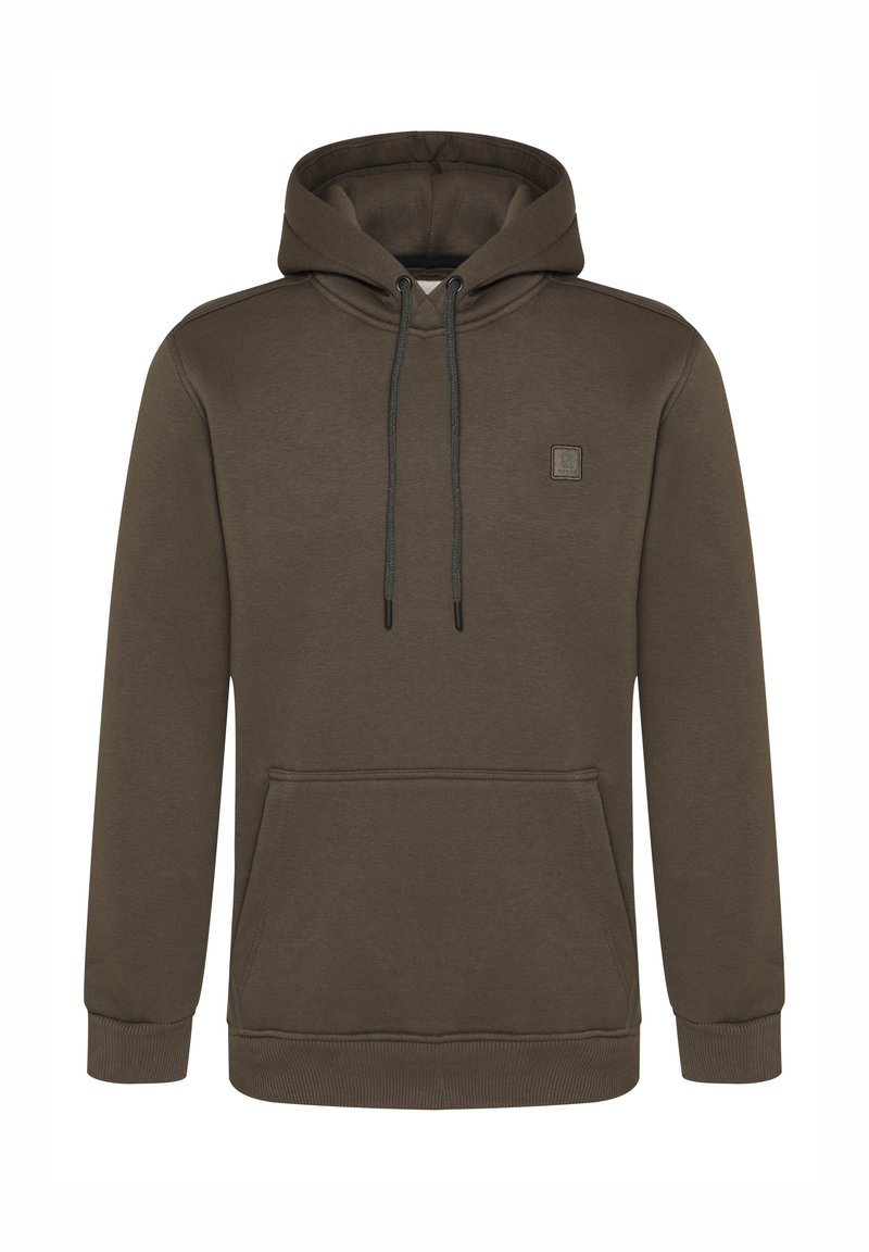Brauner Hoodie mit einer Kängurutasche, Kapuze mit Zugband, gerippten Bündchen und Saum. Mit einem kleinen Markenpatch auf der linken Brust.
