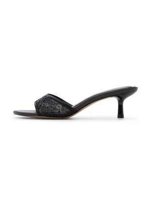 Black open-toe mule with low stiletto heel and lace upper adorned with small decorative beads.
