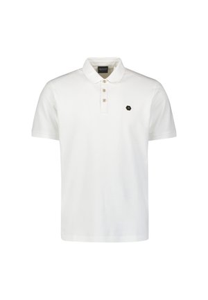 Weißes kurzärmliges Polohemd aus Baumwolle mit einem gerippten Kragen, einer Knopfleiste mit drei Knöpfen und einem kleinen schwarzen sechseckigen Logo auf der Brust.