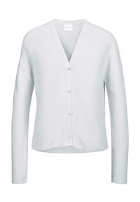Lichtgrijze cardigan van zachte breimateriaal, met een V-hals, lange mouwen, vijf knopen aan de voorkant en een relaxte pasvorm.