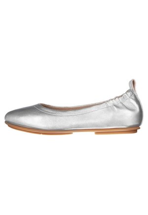 Silver metallic ballet flat shoe with elasticized back and tan flat sole, shown in side profile on white background.