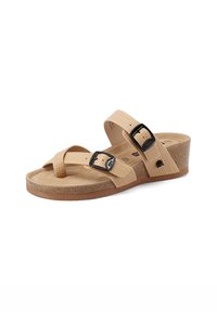 Sandali con zeppa beige con due cinturini texturizzati e due fibbie nere. La soletta in sughero e la suola sintetica offrono comfort e supporto.