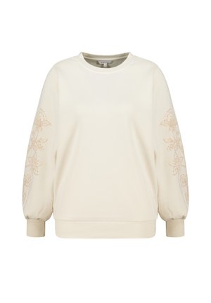 Licht crèmekleurige sweatshirt met lange, opgeblazen mouwen. Voorzien van beige bloemenborduurwerk op de mouwen, geribbelde manchetten en een ronde hals.