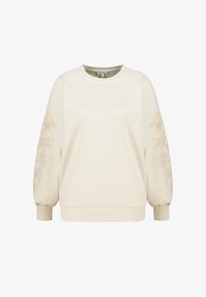 Licht crèmekleurige sweatshirt met lange, opgeblazen mouwen. Voorzien van beige bloemenborduurwerk op de mouwen, geribbelde manchetten en een ronde hals.