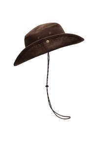 Barna kordbársony kalap széles karimával, texturált felülettel és állítható állszíjjal. Az oldalsó részen fémből készült gomb díszítéssel rendelkezik.