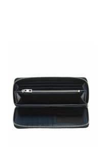 Granatowy portfel zapinany na zamek błyskawiczny z wieloma przegródkami na karty, zamykaną na zamek komorą na monety oraz przezroczystym okienkiem na dowód osobisty.