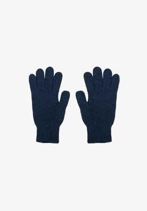 Marineblaue Strickhandschuhe mit gerippten Bündchen, Fünf-Finger-Design, strukturiertem Stoff und nahtloser Konstruktion für Wärme und Komfort.