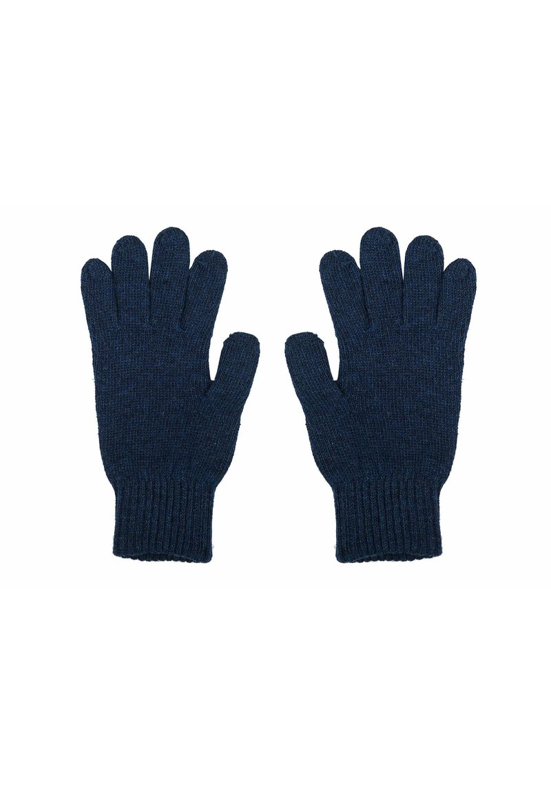 Guanti in maglia navy con polsini a costine, design a cinque dita, tessuto testurizzato e costruzione senza cuciture per calore e comfort.