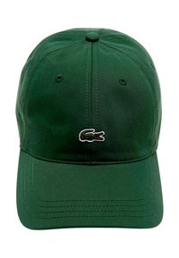 Berretto da baseball in cotone verde con visiera curva, caratterizzato da un piccolo logo ricamato a forma di coccodrillo sulla parte anteriore. Tessuto testurizzato, retro regolabile.
