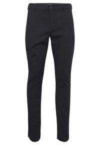 Black tailored trousers made from a smooth fabric, featuring a slim fit, button closure, and belt loops. Minimalist design without patterns.