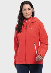 Red waterproof jacket with a hood, featuring zippered side pockets, adjustable drawstring, and contrasting white accents.