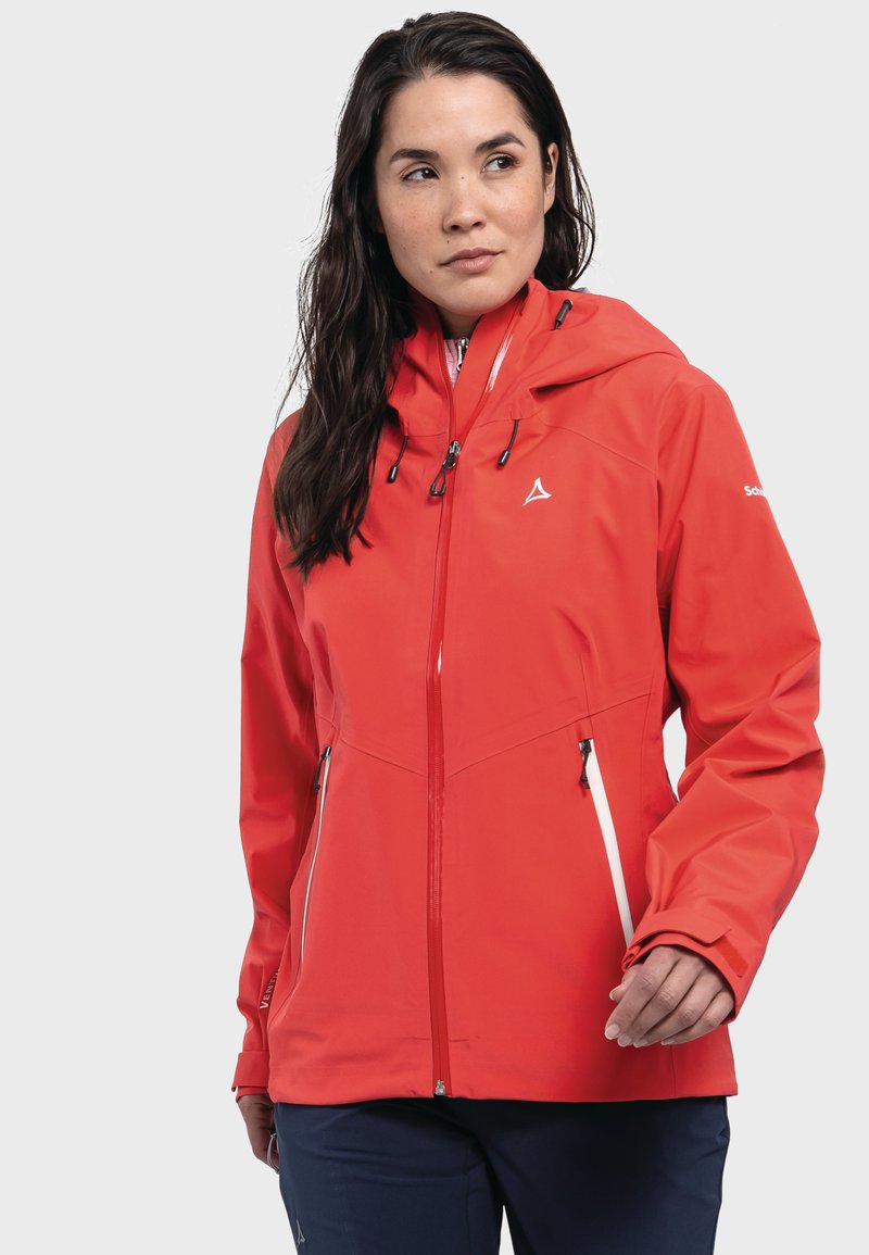 Red waterproof jacket with a hood, featuring zippered side pockets, adjustable drawstring, and contrasting white accents.