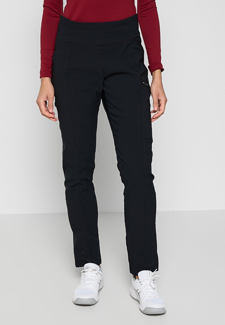 Czarne legginsy z wysokim stanem, dopasowane, z bocznymi kieszeniami. Gładka tekstura z kontrastowymi szwami i subtelnym logo.