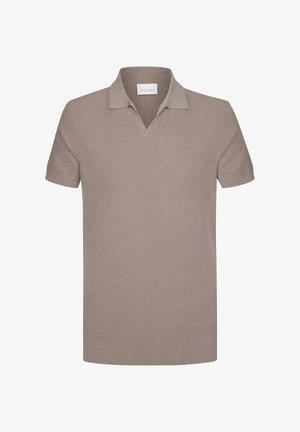 Korte mouw polo shirt in zacht beige, gemaakt van textuurstof, met een V-hals kraag en ribbelzoom en mouwmanchetten.