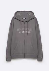 Grå zip-up hoodie lavet af tekstureret stof, med et logo-design foran, to sidelommer og snore i hætten.