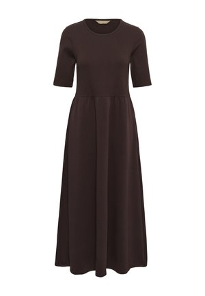 Dunkelbraunes Midikleid mit kurzen Ärmeln, rundem Ausschnitt, tailliertem Oberteil und gerafftem ausgestelltem Rock.