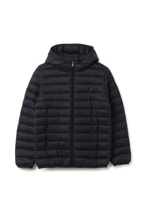 Giacca a vento nera con cappuccio, dotata di design trapuntato, chiusura con zip completa, polsini elasticizzati e materiale leggero.