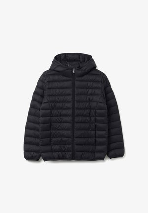 Black puffer jacket with a hood, featuring quilted design, full zipper closure, elastic cuffs, and lightweight material.