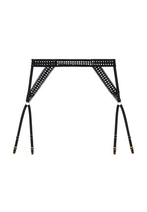 Ce porte-jarretelles en dentelle noire présente un motif géométrique, avec des sangles ajustables et des accents en métal doré. Toutes les sangles sont fines et élastiques.