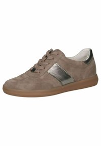 Graue Wildleder-Sneaker mit silbernem Metallic-Seitenstreifen, runder Spitze und weicher Gummisohle. Verfügt über eine Schnürung und strukturierte Bereiche.