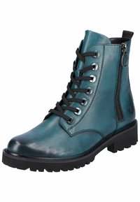 Bottine en cuir teal avec un bout rond, un laçage à l'avant, une fermeture éclair sur le côté et une semelle en caoutchouc noir épaisse avec des creux profonds pour une meilleure adhérence.