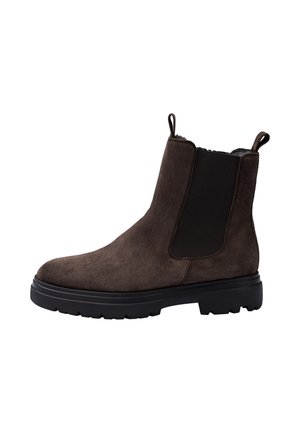 Dark brown suede Chelsea boot with black elastic side panel, pull tabs, and thick black sole with tread pattern.