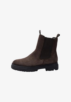 Dark brown suede Chelsea boot with black elastic side panel, pull tabs, and thick black sole with tread pattern.