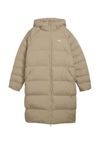 Giacca puffer beige con cappuccio, maniche lunghe, design a righe verticali, zip frontale e un piccolo logo bianco sul petto.