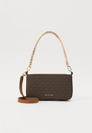 Brown patterned crossbody bag made of synthetic material, featuring a gold chain strap and a removable leather shoulder strap.
