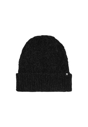 Bonnet en maille noire avec un revers plié et un petit détail d'étoile blanche sur le côté du revers.