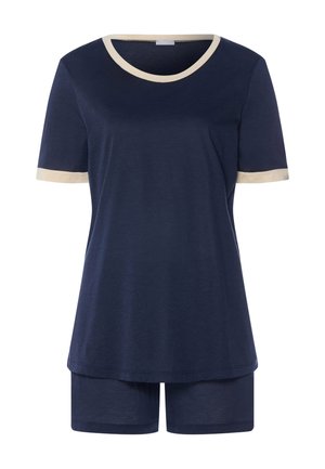 Granatowy komplet z krótkim rękawem i szortami, z beżową lamówką na dekolcie i krawędziach rękawów.