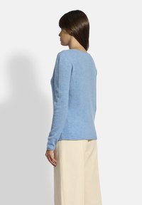 Helles blaues Sweatshirt aus weichem Material, mit langen Ärmeln und rundem Halsausschnitt. Der Rücken ist glatt mit einer leichten Textur.