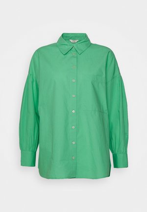 Camicia verde oversize con bottoni, realizzata in cotone, con colletto, maniche lunghe a sbuffo e una tasca sul petto. Texture liscia.